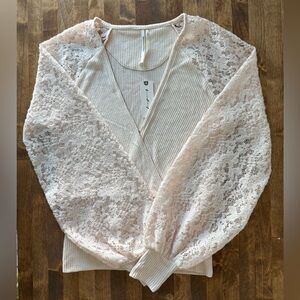 Anthropologie XS Ivory Ribbed Knit Top Lace Balloon Sleeve Blouse NWT